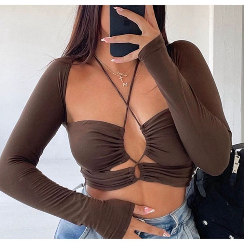New Pink Cut Out Halter Top Brown Size Medium Nwt